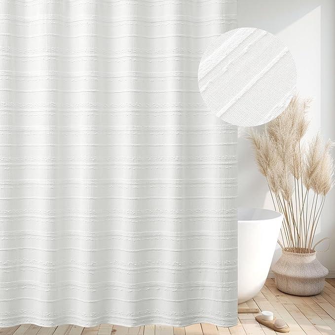 Lameirose Extra Long Farmhouse White Shower Curtain Boho, 72 x 84 Cotton Blend Tufted Weave Waffle Stripe Textured Heavy Duty, Fabric Shower Curtain for Bathroom, Hotel - ModernBath