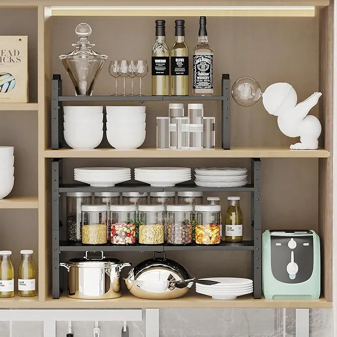 Jojocross Expandable Shelf for Cabinet Organizer Adjustable Stackable Spice Rack at Kitchen and Bathroom More, Counter Countertop Cupboard Organization Pantry Storage(3 Packs/Black, Medium) - ModernBath