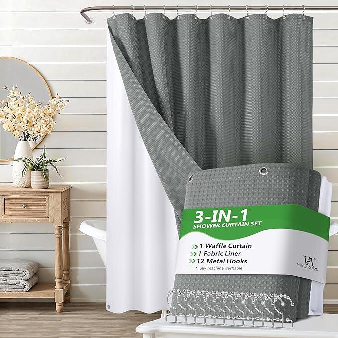 VANZAVANZU Luxury 3 in 1 Shower Curtain Set 3D Textured Waffle Weave Bathroom Curtain with Waterproof SGS Certified Fabric Liner & 12 Anti-Fall Stainless Steel Hooks, Machine Washable 72"x78" (Grey) - ModernBath