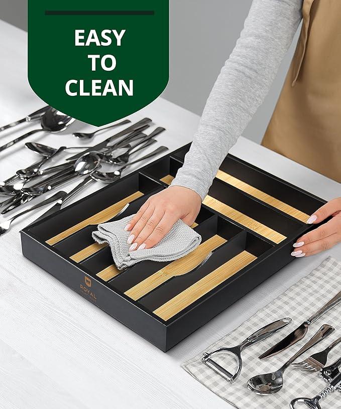 ROYAL CRAFT WOOD Luxury Bamboo Kitchen Drawer Organizer - Silverware Organizer - Utensil Holder and Cutlery Tray with Grooved Drawer Dividers for Flatware and Kitchen Utensils (7 Slot) - ModernBath