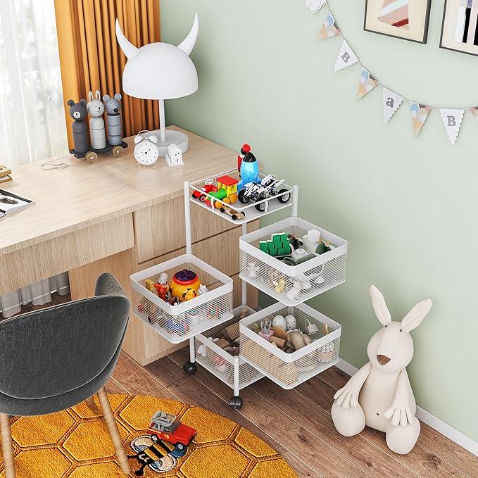 Rotating Kitchen Storage Rack,Fruit and Vegetable Basket Cart,Bathroom Shelf,Kitchen Organization and Storage Rack,Rolling Carts on Wheels(White, 4 Tier-Square) - ModernBath