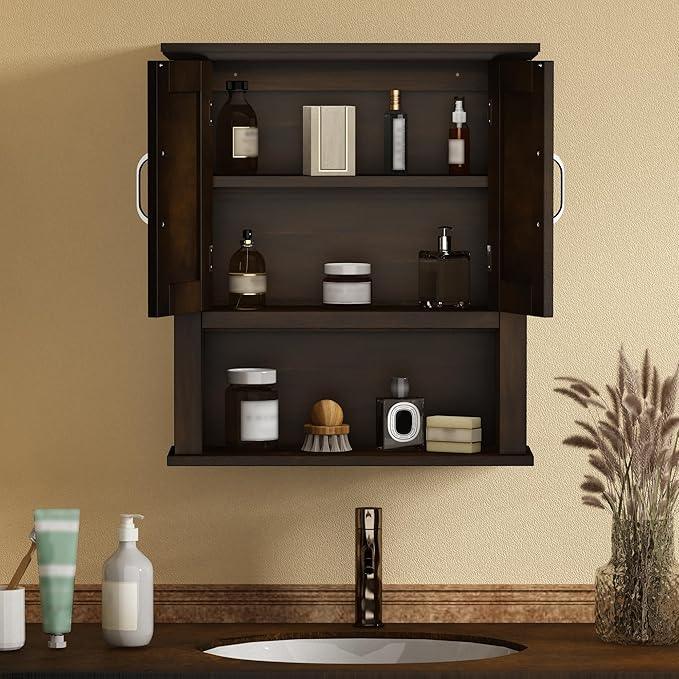ChooChoo Wood Wall Cabinet with Doors, Medicine Cabinet with Adjustable Shelves Over The Toilet, Rustic Cabinet Wall Mounted for Bathroom, Kitchen, Living Room, Walnut - ModernBath