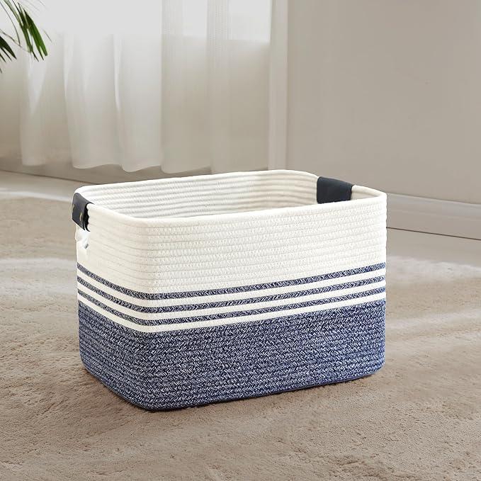 45L Small Laundry Basket with Leather Handles for Living Room Storage, Woven Rope Baskets Bin for Blanket, Kids Toy, Gifts, Wicker Hamper for Bedroom Dirty Clothes, 18"x14"x11" Denim Blue - ModernBath