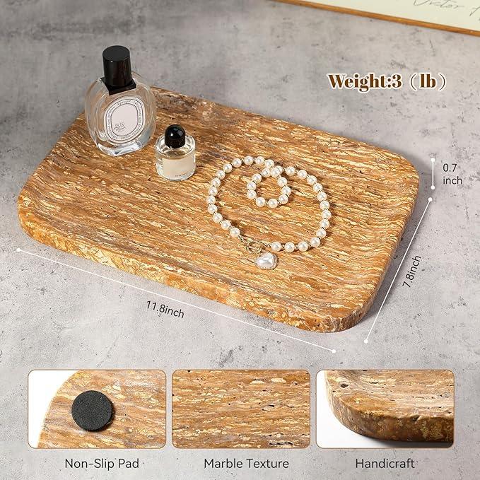 Karibiber Natural Marble Vanity Tray, 11.8" Travertine/Stone Bathroom Tray Countertop, Golden Stone for Perfume Jewelry Holder, Decorative Dresser Organizer, Storage for Kitchen Sink(Walnut Traver) - ModernBath