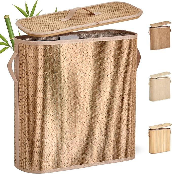 Bamboo Toilet Paper Storage Basket with Lid & Handle - 32L Large Capacity Handwoven Bathroom Organizer for 16 Rolls - Sturdy Stand Holder for Toilet Paper Organization, Carbon Brown - ModernBath