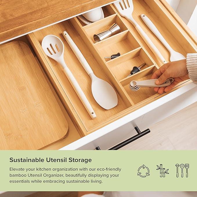 KitchenEdge Adjustable Kitchen Drawer Organizer for Utensils and Junk, Food-Safe Contract Grade with 100% Sustainable Wood, Expandable from 19 to 33 Inches Wide - Natural Bamboo - ModernBath