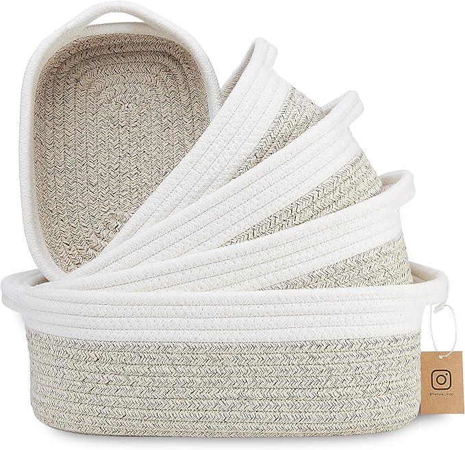 NaturalCozy 5-Piece Rectangle Storage Basket Set- Natural Cotton Rope Woven Baskets for Organizing! Small Basket for Montessori, Baby Nursery, Dog Toy Baskets, Cat Toy Box, Bathroom Organization Bin - ModernBath