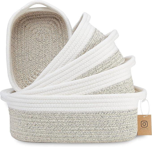 NaturalCozy 5-Piece Rectangle Storage Basket Set- Natural Cotton Rope Woven Baskets for Organizing! Small Basket for Montessori, Baby Nursery, Dog Toy Baskets, Cat Toy Box, Bathroom Organization Bin - ModernBath