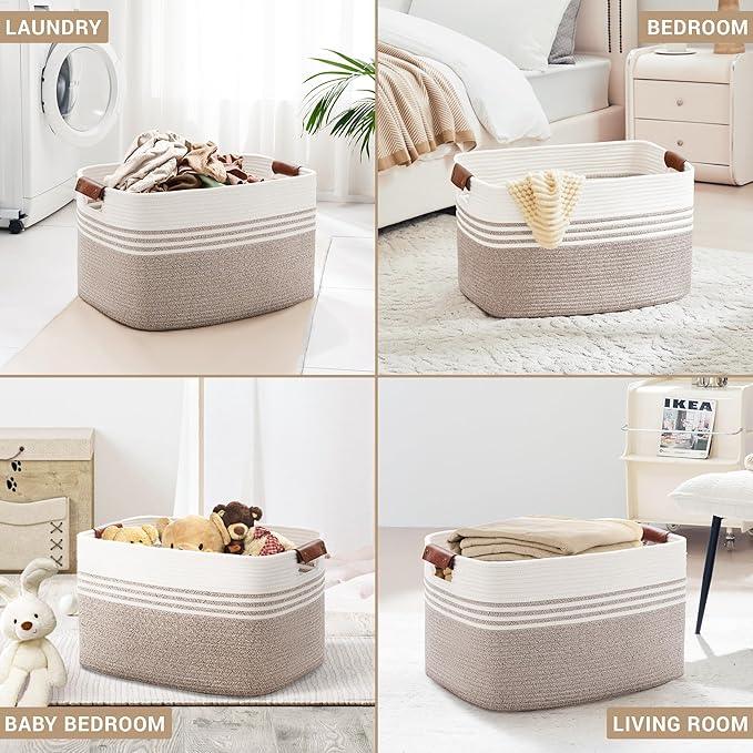 86L Extra Large Laundry Basket with Leather Handles for Living Room Storage, Woven Rope Baskets for Blanket, Kids Toy, Gifts, Wicker Hamper for Bedroom Dirty Clothes, 24"x16"x14" White Brown - ModernBath