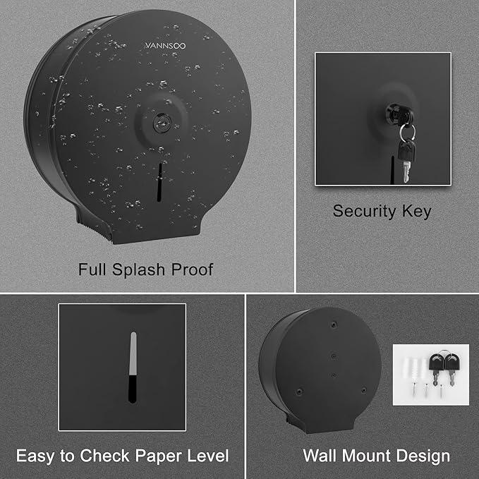 Commercial Jumbo Toilet Paper Dispenser, Wall Mount Stainless Steel 9 Inch Roll Toilet Paper Holder Bath Tissue Dispenser with Lock Key (Black) - ModernBath