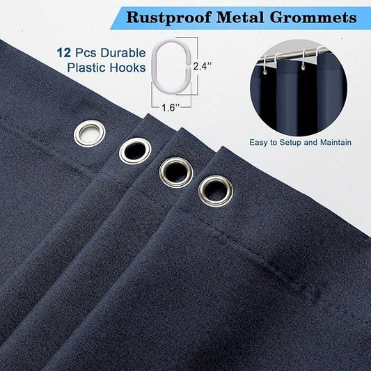 OVZME Zora 78 Inch Shower Curtain Set with 12 Plastic Hooks, Plain Fabric Shower Curtain for Bathroom - Long Shower Curtain, Water Resistance, Machine Washable Soft Cloth, 72WX78L, Navy Blue - ModernBath