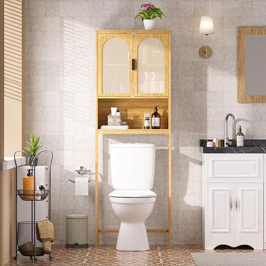 MUPATER 67''H Bamboo Over The Toilet Storage Cabinet, Bathroom Organizer Over Toilet with Rattan Doors, Freestanding Bathroom Storage Shelf Space-Saver, Natural - ModernBath