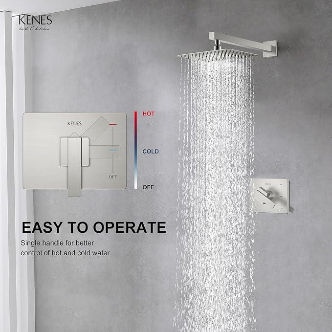 KENES Brushed Nickel 10-Inch Shower Head and Handle Set, Square Shower Faucet Set Bathroom Rainfall Shower System Wall Mount, KE-6024B (Shower Valve Included) - ModernBath