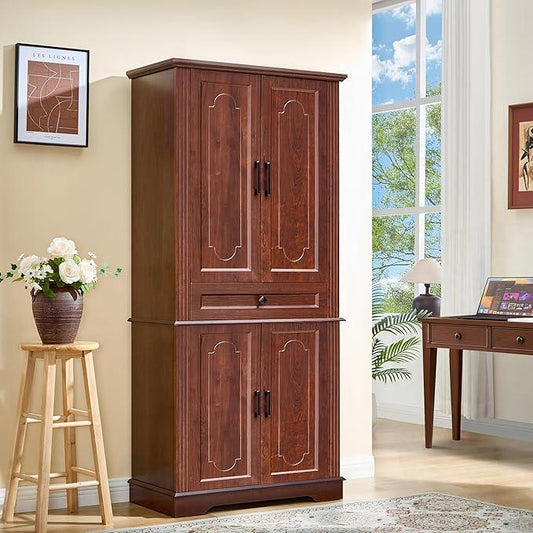 71" Tall Pantry Cabinet with Drawer and Adjustable Shelves, Modern Storage Cabinet with Doors, Kitchen Buffet Cabinet, Food Pantry Storage Cabinet, Coffee Bar, Living Room and Dining Room Cherry - ModernBath