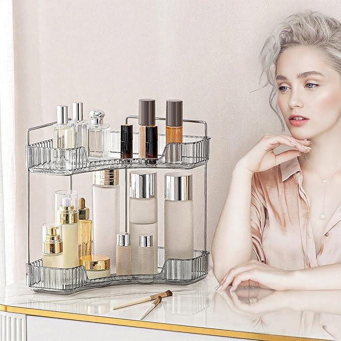 INVSSENE Corner Bathroom Countertop Organizer, 2 Tiers Vanity Trays for Counter, Makeup Organizers, Perfume Tray, Kitchen Spice Rack, Smoky Gray - ModernBath