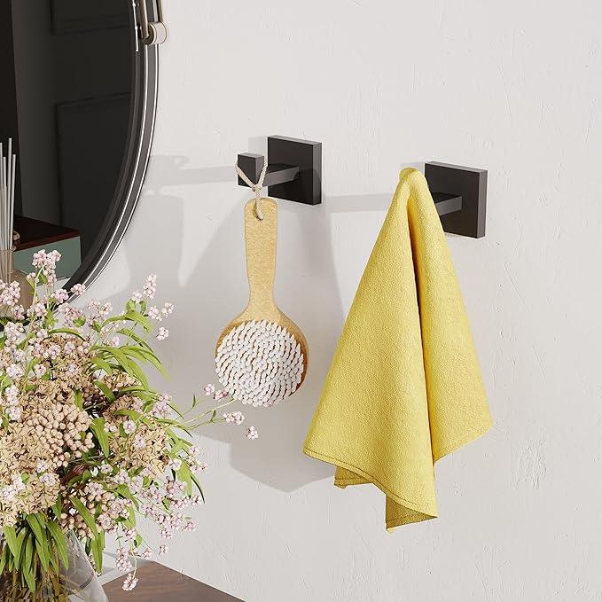 Ruacq Towel Hooks for Bathrooms, Heavy Duty Stainless Steel Square Bathroom Hooks, Wall Mounted Towel Hanger for Robe & Coat, Ideal for Kitchen, Bedroom, and Hotel Use(Matte Black, 2 Pack) - ModernBath