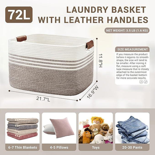 72L Large Laundry Basket with Leather Handles for Living Room Storage, Woven Rope Baskets Bin for Blanket, Kids Toy, Gifts, Wicker Hamper for Bedroom Dirty Clothes, 22"x17"x12" Dark Brown - ModernBath