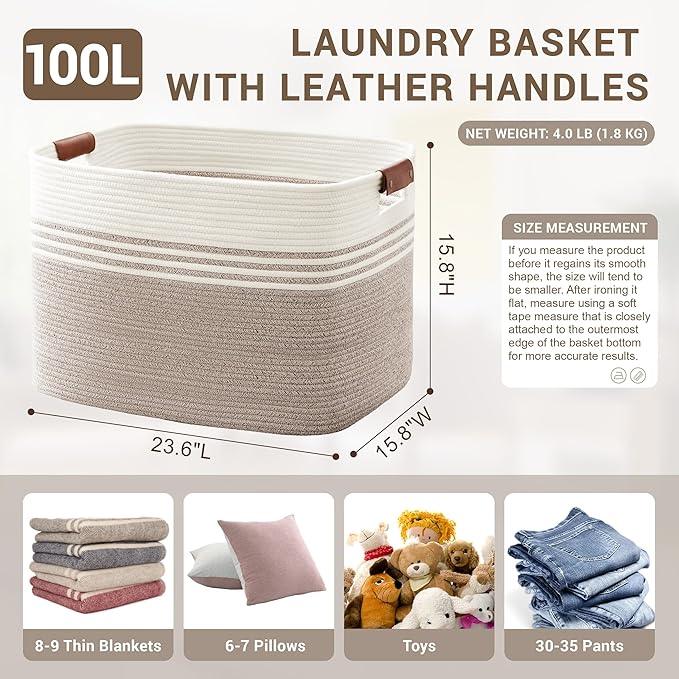 100L Extra Large Laundry Basket with Leather Handles for Living Room Storage, Woven Rope Baskets for Blanket, Kids Toy, Gifts, Wicker Hamper for Bedroom Dirty Clothes, 24"x16"x16" White Brown - ModernBath