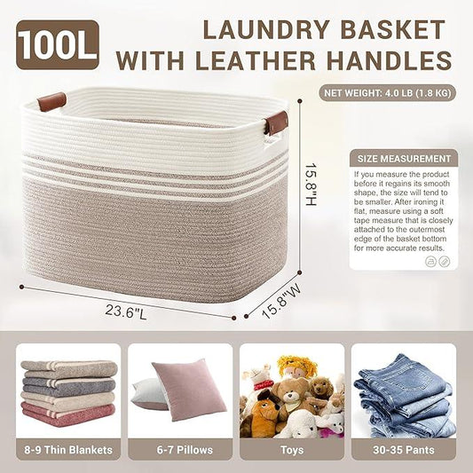 100L Extra Large Laundry Basket with Leather Handles for Living Room Storage, Woven Rope Baskets for Blanket, Kids Toy, Gifts, Wicker Hamper for Bedroom Dirty Clothes, 24"x16"x16" White Brown - ModernBath