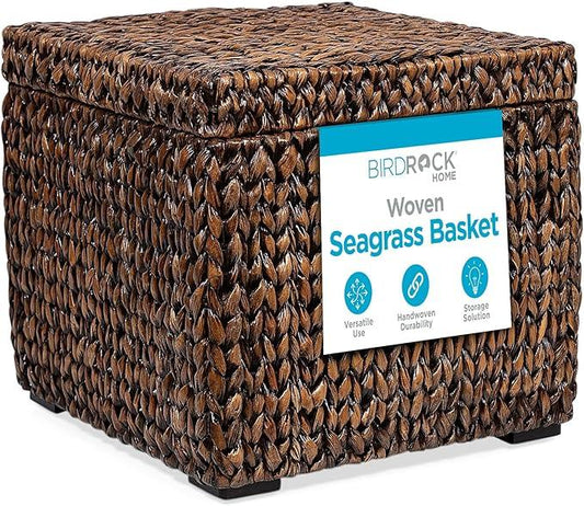 BIRDROCK HOME Storage Cube Box with Lid - Brown Wash Seagrass - Hand Woven Container for Blankets Pillows - Sturdy Metal Frame - ModernBath