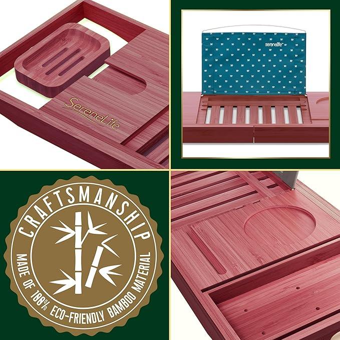 SereneLife Premium Bathtub Tray Caddy with Gift Box and Bow Set, Expandable Bath Tray, Unique House Warming Gifts for Mom, Women, Wedding, Anniversary, Bridal Shower, Fit for All Tub - Stain Brown - ModernBath
