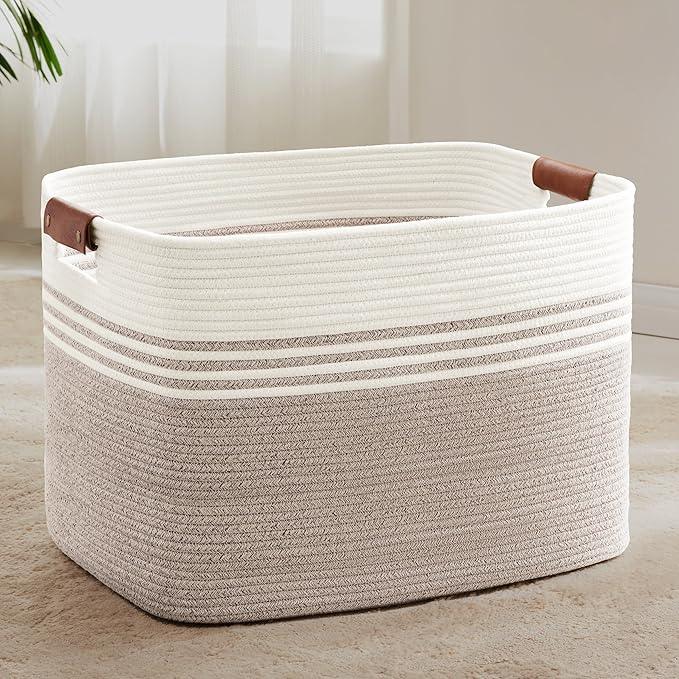 100L Extra Large Laundry Basket with Leather Handles for Living Room Storage, Woven Rope Baskets for Blanket, Kids Toy, Gifts, Wicker Hamper for Bedroom Dirty Clothes, 24"x16"x16" White Brown - ModernBath