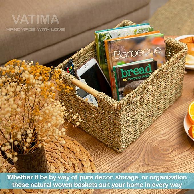 Large Wicker Basket Rectangular with Wooden Handles for Shelves, Seagrass Basket Storage, Natural Baskets for Organizing, Wicker Baskets for Storage - 3 Pack Large - ModernBath