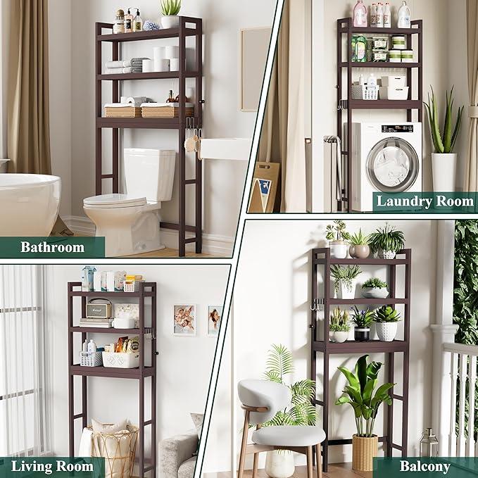 Smiry Over The Toilet Storage Cabinet, 3-Tier Bamboo Bathroom Organizers with Adjustable Shelf & 4 Hooks, Space Saving Shelf Rack for Bathrooms, Laundry Room, Balcony, Brown - ModernBath