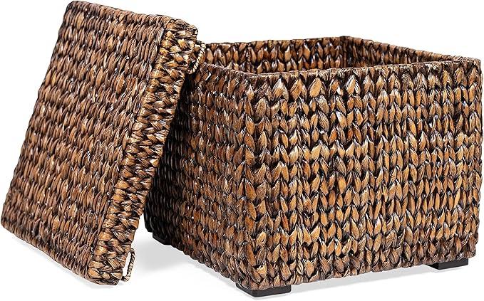 BIRDROCK HOME Storage Cube Box with Lid - Brown Wash Seagrass - Hand Woven Container for Blankets Pillows - Sturdy Metal Frame - ModernBath