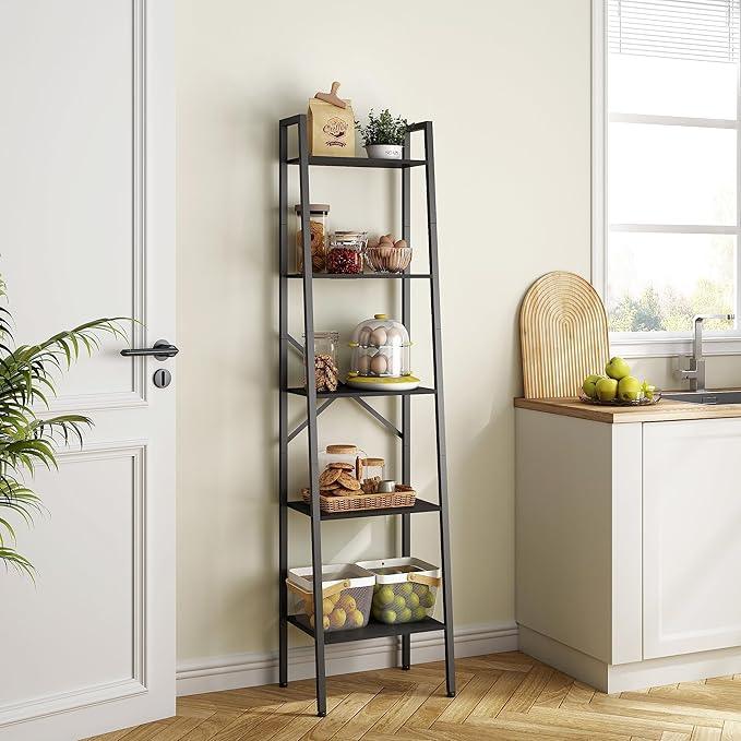 Hoctieon 5-Tier Industrial Ladder Bookshelf, Narrow Ladder Shelf, Tall Standing Bookshelf, Skinny Open Ladder Shelf, for Living Room, Home Office, Kitchen, Bedroom, Metal Frame, Black - ModernBath