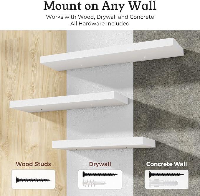 Floating Shelves for Wall, Wall Mounted Rustic Wood Shelves for Bathroom, Bedroom, Living Room, Kitchen, Hanging Shelf for Books/Storage/Room Decor (White, 16") - ModernBath