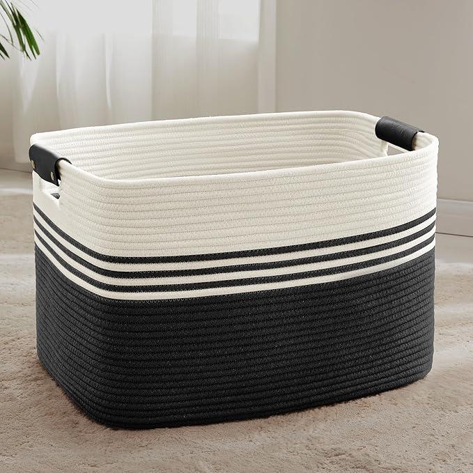 86L Extra Large Laundry Basket with Leather Handles for Living Room Storage, Woven Rope Baskets for Blanket, Kids Toy, Gifts, Wicker Hamper for Bedroom Dirty Clothes, 24"x16"x14" White Black - ModernBath
