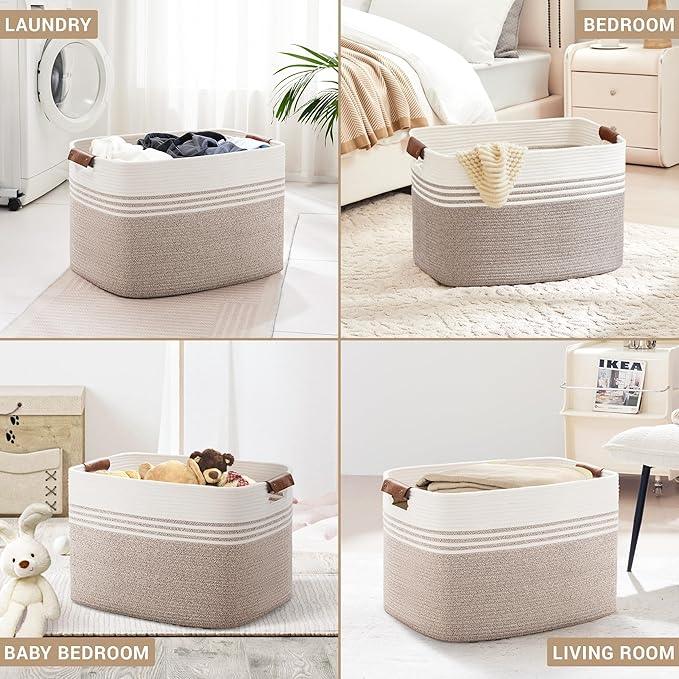 100L Extra Large Laundry Basket with Leather Handles for Living Room Storage, Woven Rope Baskets for Blanket, Kids Toy, Gifts, Wicker Hamper for Bedroom Dirty Clothes, 24"x16"x16" White Brown - ModernBath