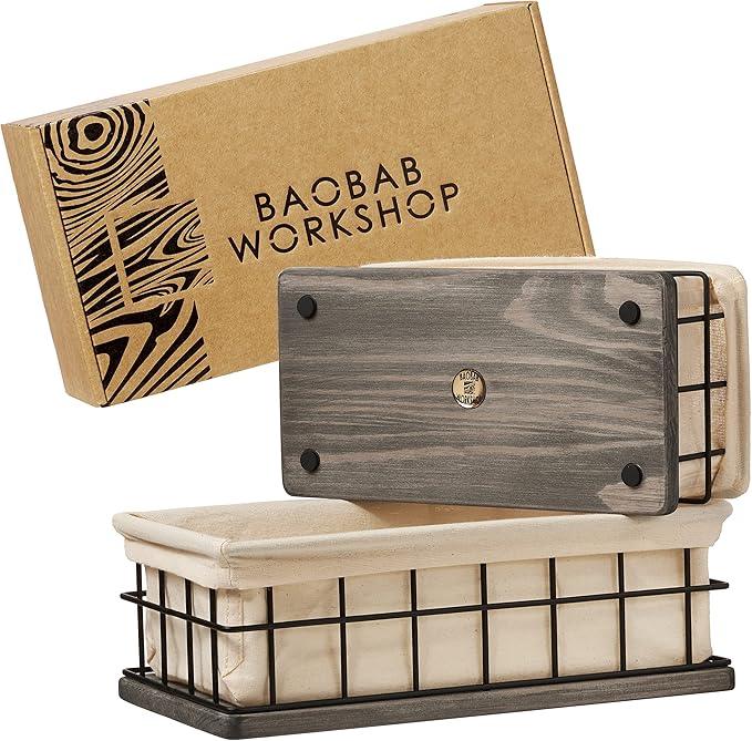 BAOBAB WORKSHOP Set of 2 Metal & Wooden Basket with Liners, Bathroom Basket Organizer & Kitchen Storage Decor, Toilet Paper Baskets for Back of Toilet Tank Tray Topper - ModernBath