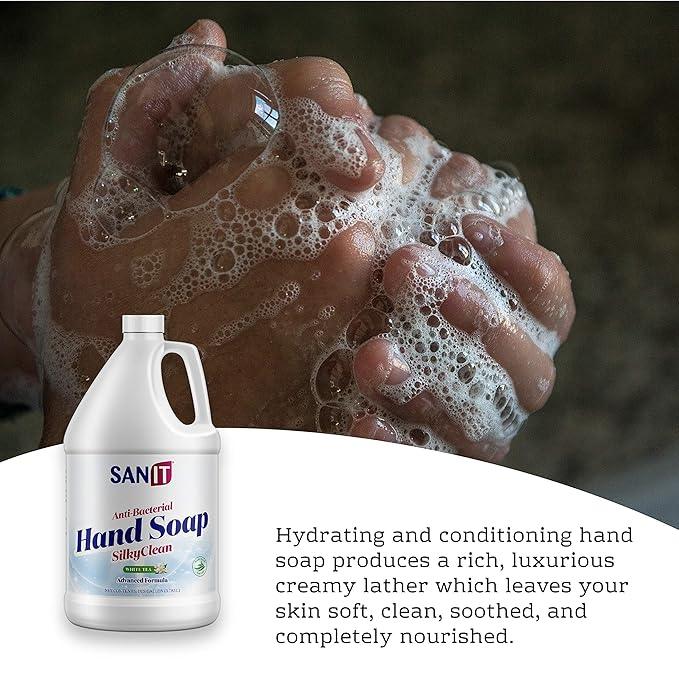 Sanit Silky Clean Antibacterial Liquid Gel Hand Soap Refill - Advanced Formula with Coconut Oil and Aloe Vera - All Natural Moisturizing Hand Wash - Made in USA, White Tea, 1 Gallon - ModernBath