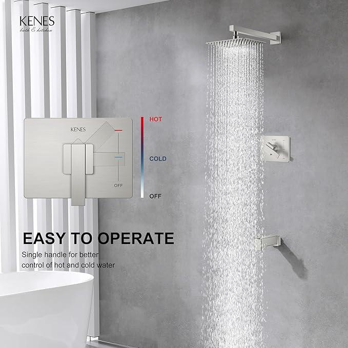 KENES Brushed Nickel Tub Shower Faucet Set Complete, Tub and Shower Trim Kit with 10-Inch Rain Shower Head, Square Shower System, KE-6024A (Shower Valve Included) - ModernBath