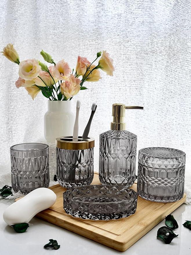 LaMarriti Gray Bathroom Accessories Set, 5Pcs Clear Glass Bathroom Sets, Soap Dispenser, Soap Dish, Toothbrush Holder Set, Cotton Swab Jar, Black and Gold Accent for Vintage Bathroom Decor, Gift Set - ModernBath