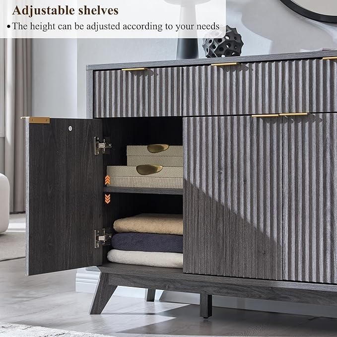 OKD Fluted Storage Cabinet with Drawers, 60" Morden Buffet Sideboard Coffee Bar Cabinet with 4 Doors and 3 Drawers for Dining Room, Living Room,Hallway (Dark Alder) - ModernBath