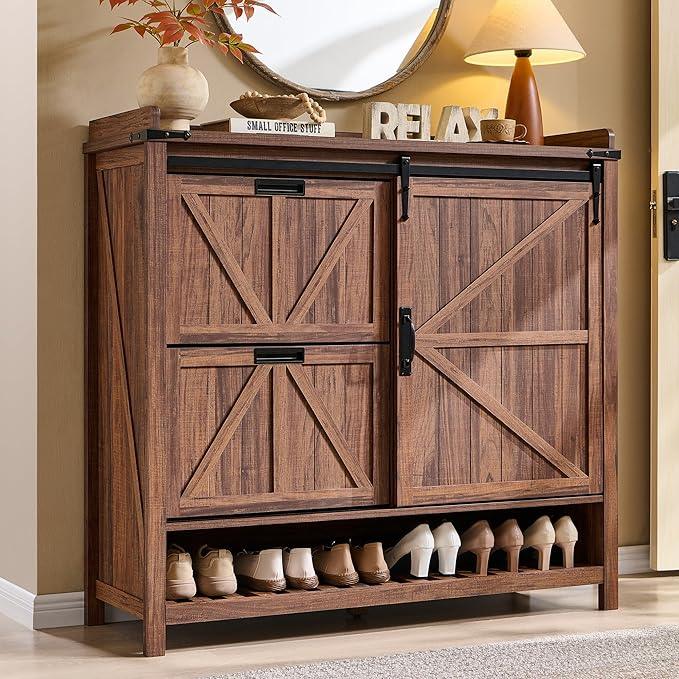 OKD Shoe Storage Cabinet with 2 Flip Drawers & Sliding Door, Farmhouse Entryway Shoe Organizer, Freestanding Rustic Hidden Shoe Rack Cabinet for Entryway, Rustic Walnut - ModernBath