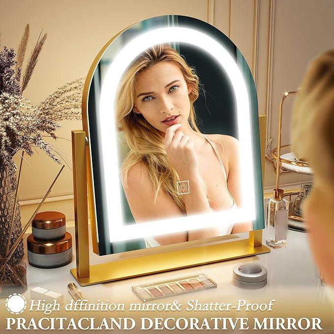 ROLOVE Lighted Makeup Mirror with 3-Color Dimmable Lighting, with Removable 10x Magnifier, Smart Touch Control, 360° Rotation, 15" x 13" Hollywood Vanity Mirror for Tabletop Desk (Gold) - ModernBath