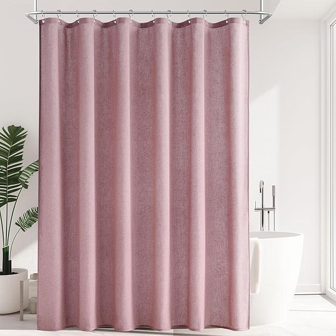 Jowels Blush Pink Linen Shower Curtain, Boho Farmhouse Shower Curtain Set for Bathroom, 200GSM Luxury Weighted Water Resistant Fabric Textured Shower Curtains with 12 Metal Hooks, 72Wx72H - ModernBath