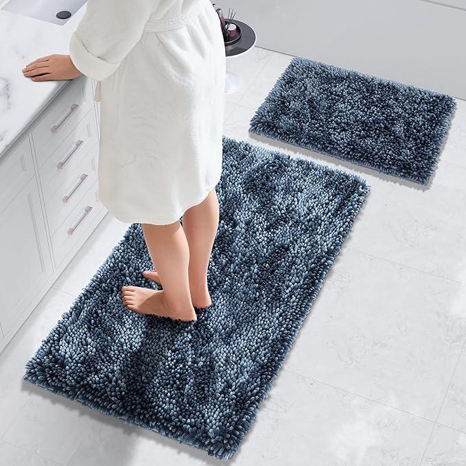 Yimobra Bathroom Rug Set 2 Piece, Luxury Shaggy Bath Mat Set with Non Slip Backing, Ultra Soft & Absorbent Mats for Bathroom Floor, Machine Washable, 44"x24"+24"x17", Light Blue - ModernBath
