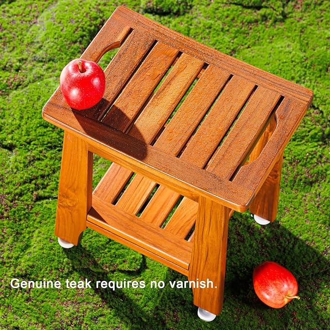 18" Standard Teak Shower Bench with Shelf & Handle - Waterproof, Non-Slip Bath Stool, 300 lbs Capacity - Fits Standard Tubs/Showers & Outdoor Use (Patented) - ModernBath