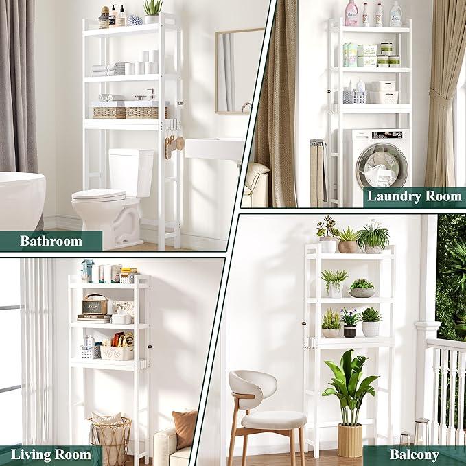 Smiry Over The Toilet Storage Cabinet, 3-Tier Bamboo Bathroom Organizers with Adjustable Shelf & 4 Hooks, Space Saving Shelf Rack for Bathrooms, Laundry Room, Balcony, White - ModernBath