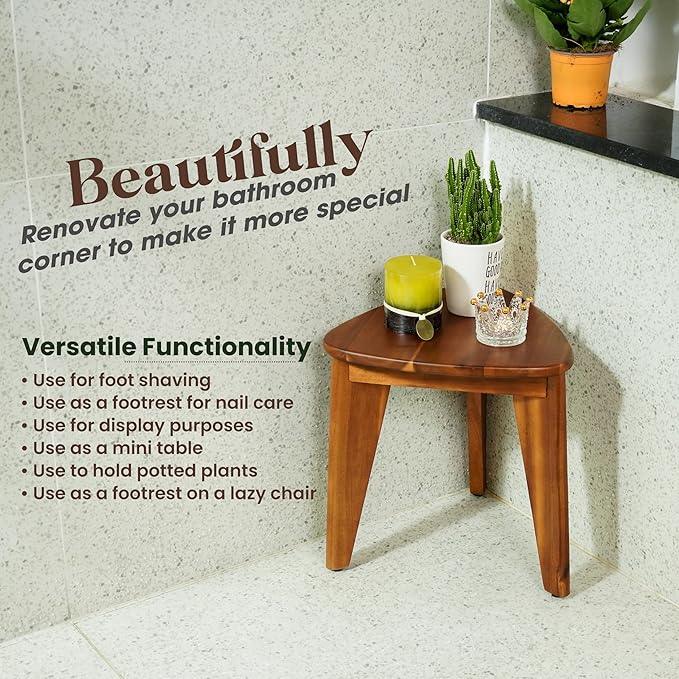 HOLANA 12" Corner Shower Foot Rest - Wooden Showers Stool Seat for Shaving Legs - Small Corner Shower Benches for Inside Shower - Waterproof Bath Step Stools Bench for Bathroom (Acacia Wood) - ModernBath