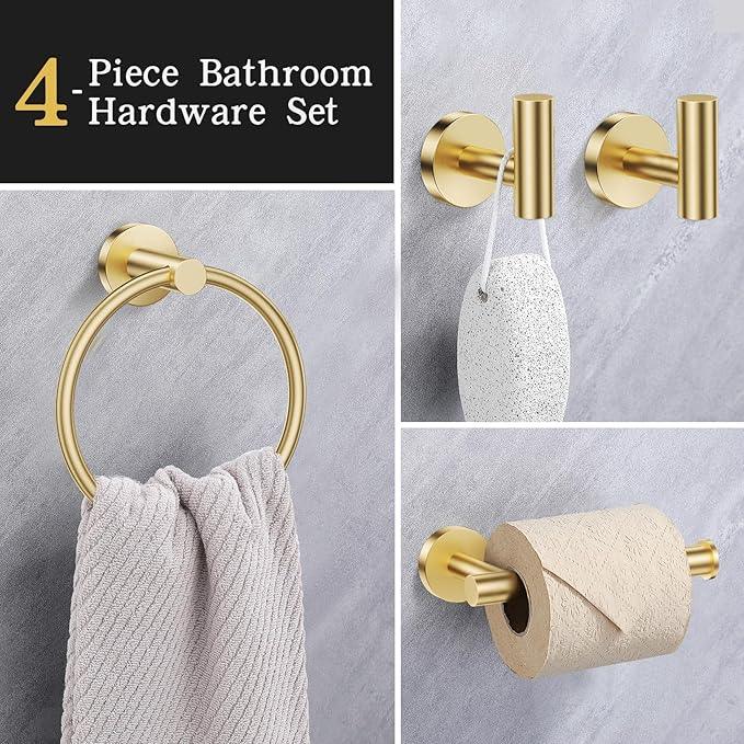 Lairuier Bathroom Hardware Set, 4-Piece Towel Holder Set Include Toilet Paper Holder,Towel Ring and 2 Towel Hooks Stainless Steel Wall Mounted Bathroom Hardware Accessories Set (Brushed Gold) - ModernBath