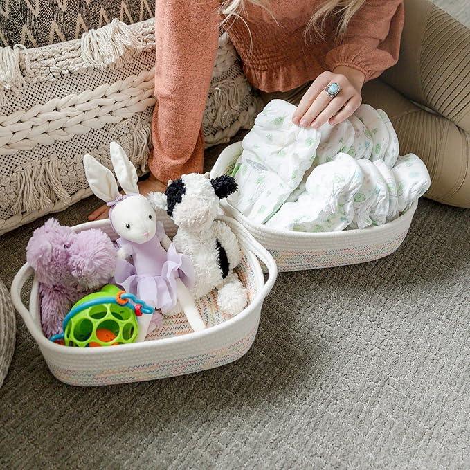 NaturalCozy 5-Piece Rectangle Storage Basket Set- Natural Cotton Rope Woven Baskets for Organizing! Small Basket for Montessori, Baby Nursery, Dog Toy Baskets, Cat Toy Box, Bathroom Organization Bin - ModernBath
