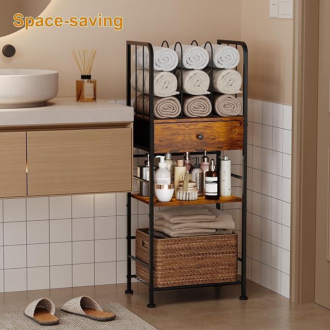 Towel Rack Free Standing 3-Tier with Drawer and M-Shaped Detachable Dividers,Towel Holder with Adjustable Shelf, Towel Organizer Space Saving for Bathroom and Poolside Patent Pending - ModernBath