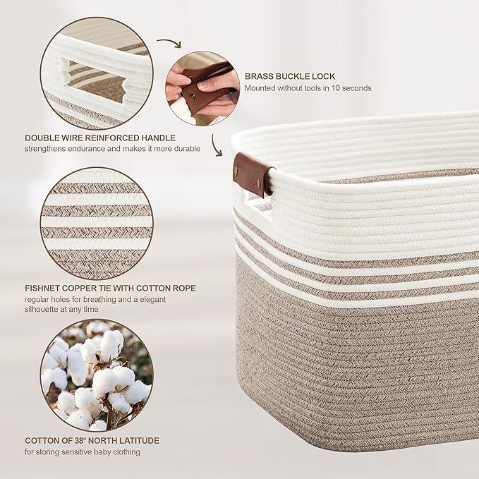 60L Large Laundry Basket with Leather Handles for Living Room Storage, Woven Rope Baskets Bin for Blanket, Kids Toy, Gifts, Wicker Hamper for Bedroom Dirty Clothes, White Brown - ModernBath