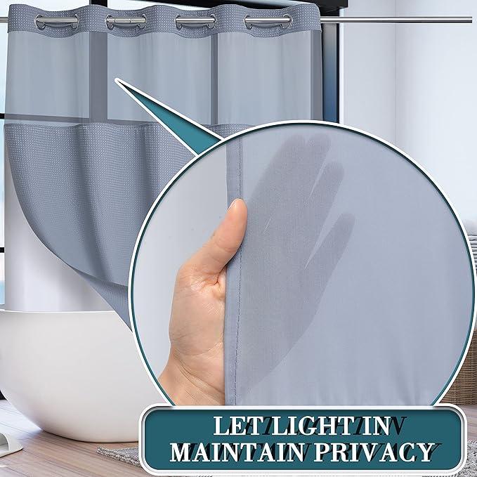 Conbo Mio No Hook Waffle Weave Shower Curtain with Snap in Liner Set, Hotel Luxury Grey Shower Curtains for Bathroom with See Through Top Window, Waterproof, Washable 71W x 74H - ModernBath